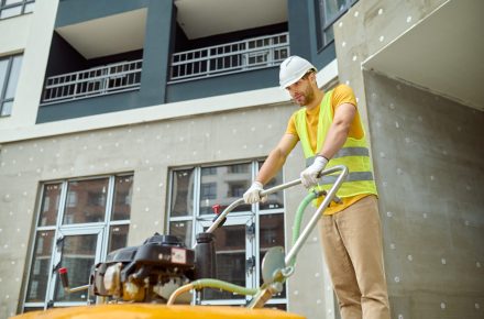 Effort, fatigue. Young adult tired man in protective helmet and bright vest with special equipment working on construction site against background of new building